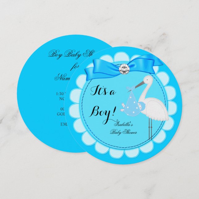 Baby Shower Pojke Blå Söt Blå Pojke Stork Inbjudningar (Fram/baksida)
