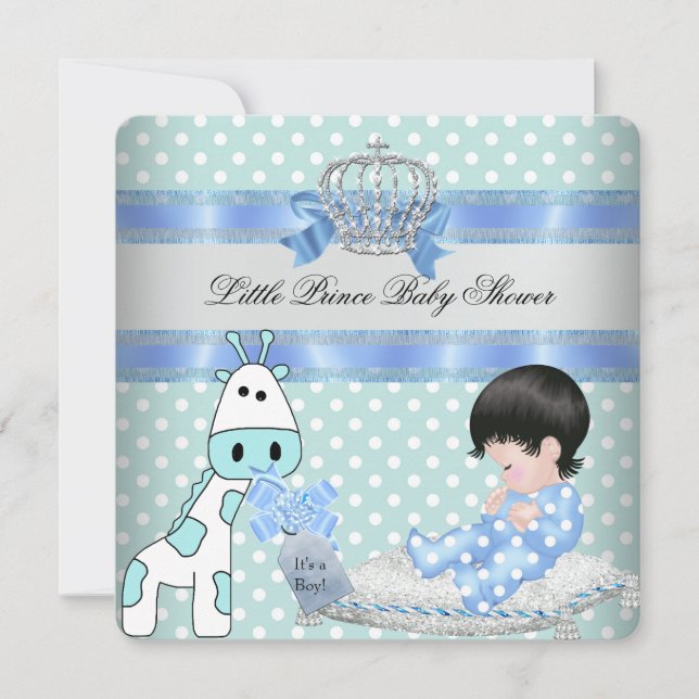 Baby Shower Pojke Blå Teal Krona Giraff Inbjudningar (Framsida)
