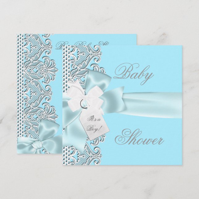 Baby shower pojke blå turkos grå vit spets inbjudningar (Fram/baksida)