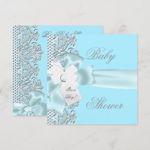 Baby shower pojke blå turkos grå vit spets inbjudningar