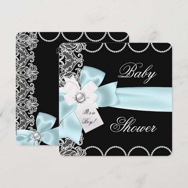 Baby Shower Pojke Blå Turkos Svart Vit Spets Inbjudningar (Fram/baksida)