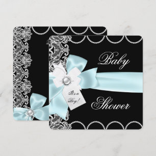 Baby Shower Pojke Blå Turkos Svart Vit Spets Inbjudningar
