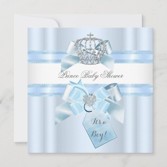 Baby Shower Pojke Blå Vit Prins Krona 3 Inbjudningar (Framsida)