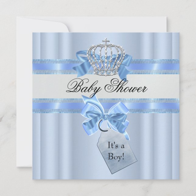 Baby Shower Pojke Blå Vit Prins Krona Inbjudningar (Framsida)