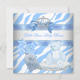 Baby Shower Pojke Blå Zebra Prins Krona Teddybjörn Inbjudningar