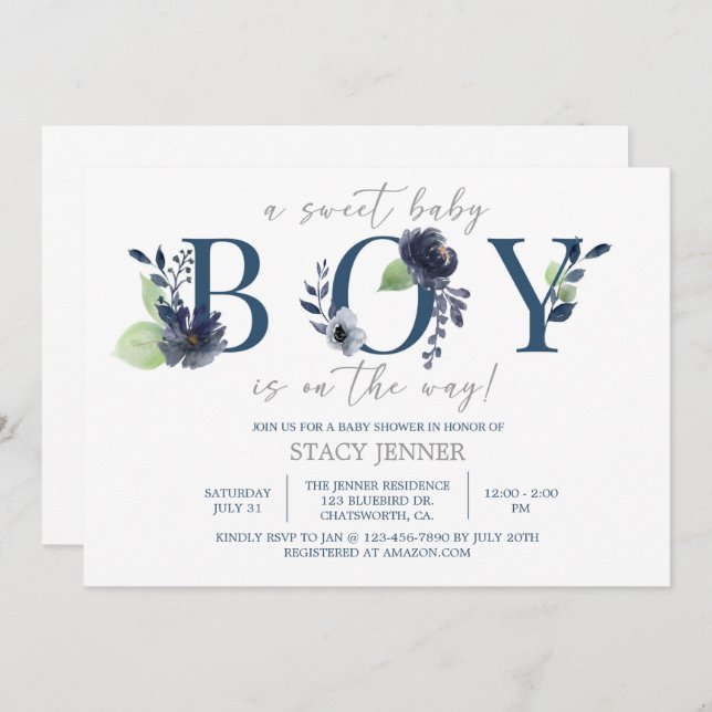 BABY SHOWER, POJKE, BLUE BLOMMIGT, DESS BOY (Fram/baksida)