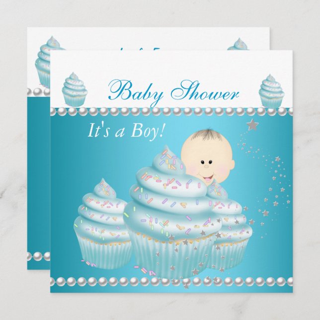 Baby Shower Pojke Blue Cuppie Sprinkle Inbjudningar (Fram/baksida)