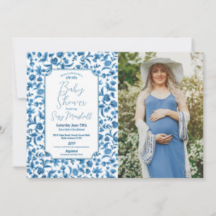 Baby Shower Pojke Chintz Blå foto Blommig Ditsy Inbjudningar