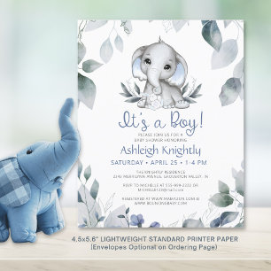 Baby Shower Pojke Elefant Akvarell Budget Inbjudan