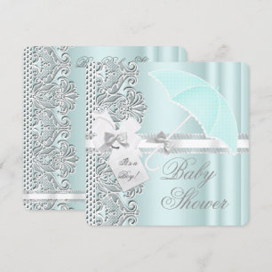 Baby Shower Pojke Mint Blå Grå Vit Spets Inbjudningar