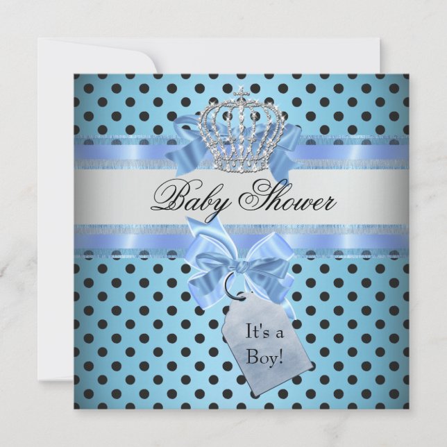 Baby Shower Pojke Polka Dot Blå Prins Krona Svart Inbjudningar (Framsida)