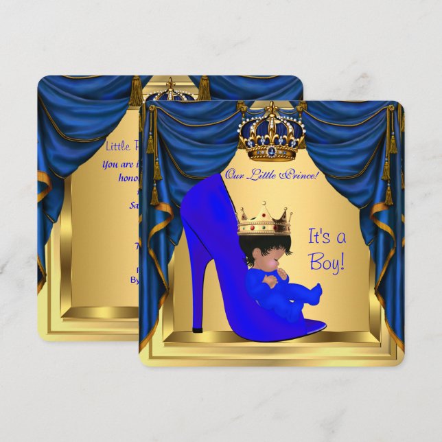 Baby Shower Pojke Prins Kunglig Blå Skor Guld Inbjudningar (Fram/baksida)