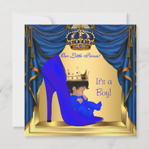 Baby Shower Pojke Prins Kunglig Blå Skor Guld Inbjudningar