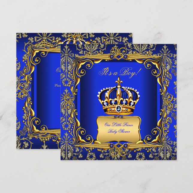 Baby Shower Pojke Royal Blå Damaskus Guld Krona Inbjudningar (Fram/baksida)