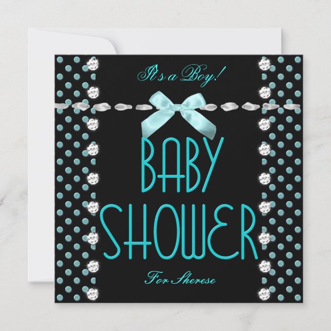 Baby Shower Pojke Teal Blå Svart Vit Prickig Inbjudningar (Framsida)