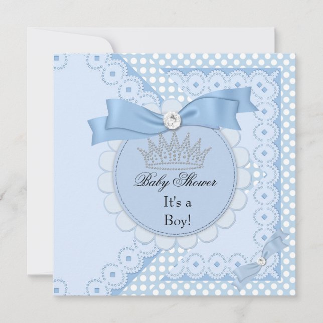 Baby Shower Pojke Vit Blå Prins Krona Inbjudningar (Framsida)