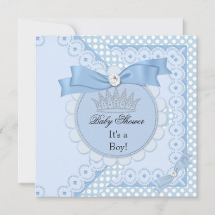 Baby Shower Pojke Vit Blå Prins Krona Inbjudningar