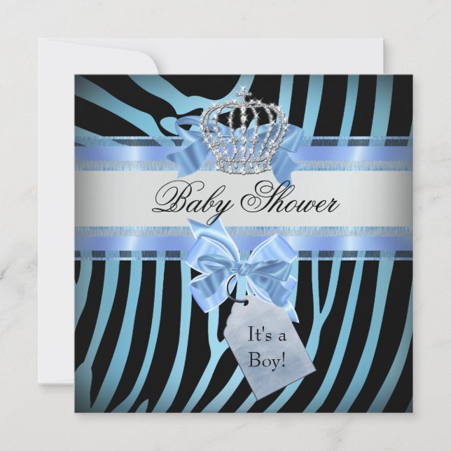 Baby Shower Pojke Zebra Blå Prins Krona Svart Inbjudningar (Framsida)