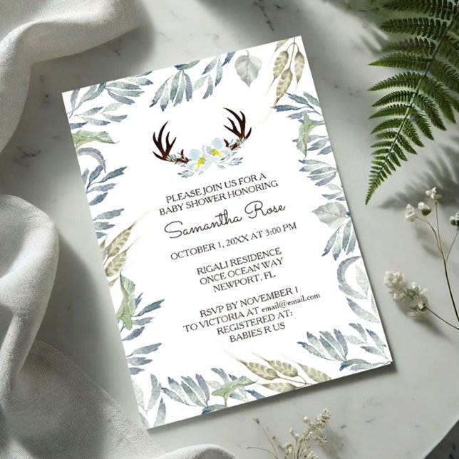 Baby Shower-pojken, Rustic Inbjudningar (Baby shower invitations features deer antlers, flowers and a boarder or greenery by VG Invites)