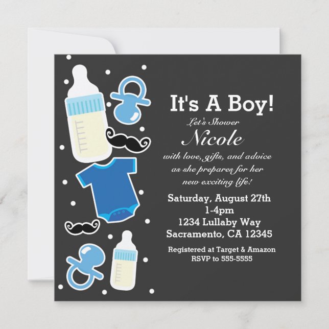 Baby Shower Pojksaker Blå & Grå Modern Inbjudningar (Framsida)