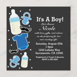 Baby Shower Pojksaker Blå & Grå Modern Inbjudningar