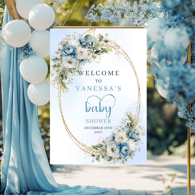 Baby Shower Portsign Dustblå Blommor Guld  Poster (Baby Shower Porch Sign Dusty Blue Flowers Gold Watercolor)