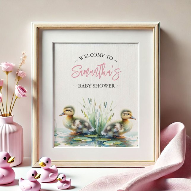Baby Shower Poster Anka Välkomstskylt Rosa (baby shower posters pink girl watercolor ducks by Do Tell A Belle)