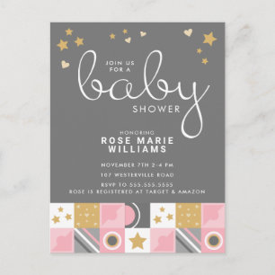 BABY SHOWER Postkort för Baby Rosa Måne & Stars Vykort