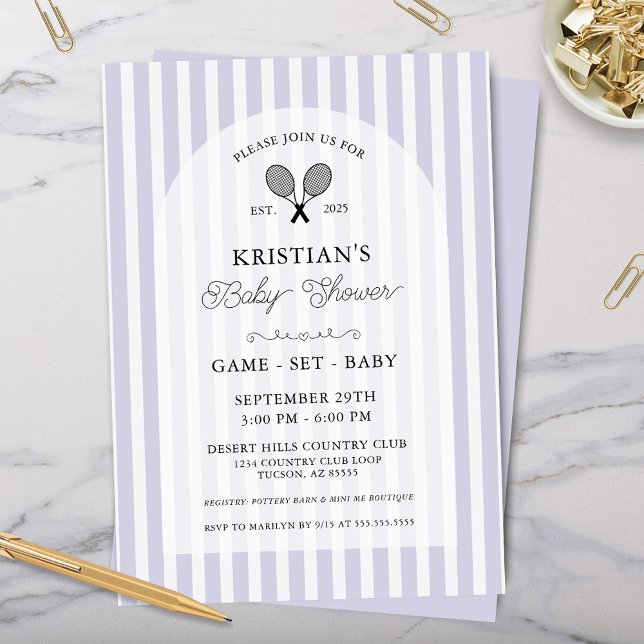 Baby Shower Preppy Lila Tennis Land Klubb  Inbjudningar (Elegant pastel purple tennis theme country club baby shower invitations for lavender striped invites)