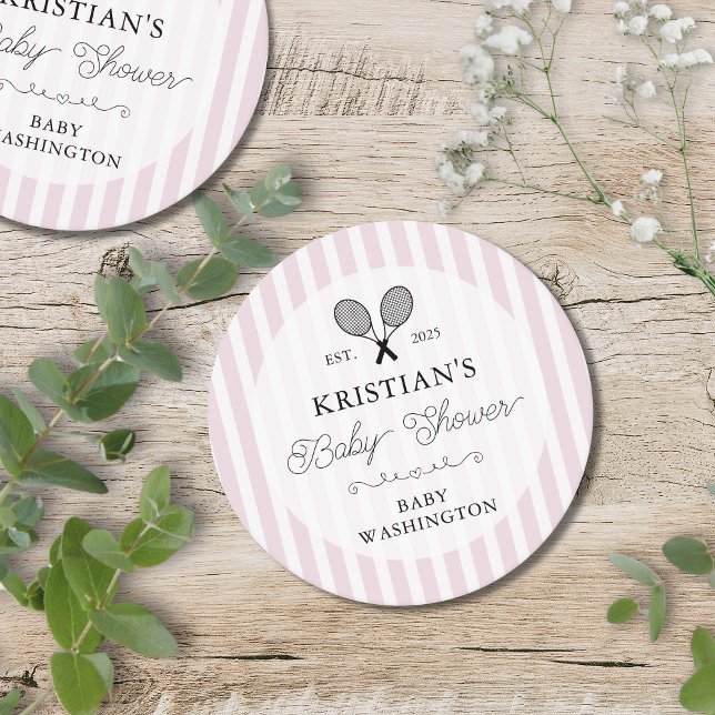Baby Shower Preppy Rosa Tennis Land Klubb  Underlägg Papper Rund (pink stripes preppy chic its a girl tennis theme baby shower coasters with names and date for favors)
