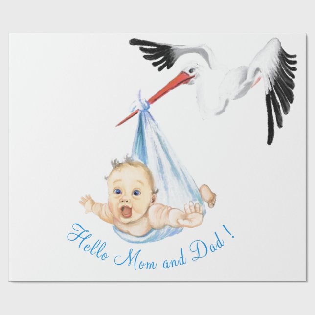 Baby Shower Presentpapper Stork som bär Baby (Platt)