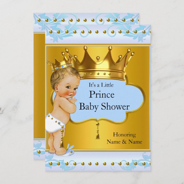Baby Shower Prince Boy Blue Guld Krona Blonde Inbjudningar (Fram/baksida)