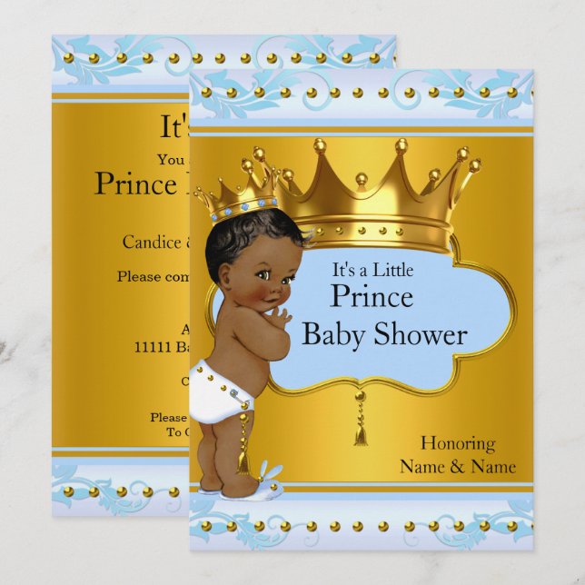 Baby Shower Prince Cute Blue Guld Krona Ethnic Inbjudningar (Fram/baksida)