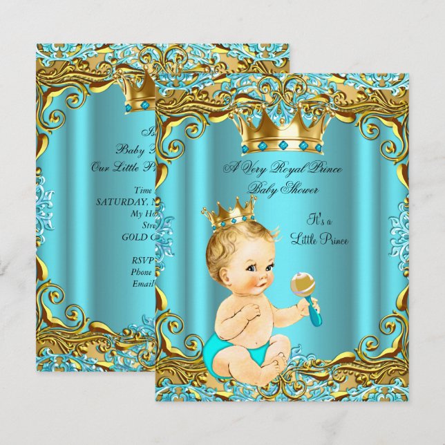 Baby Shower Prince Guld Teal Aqua Blonde Boy Inbjudningar (Fram/baksida)