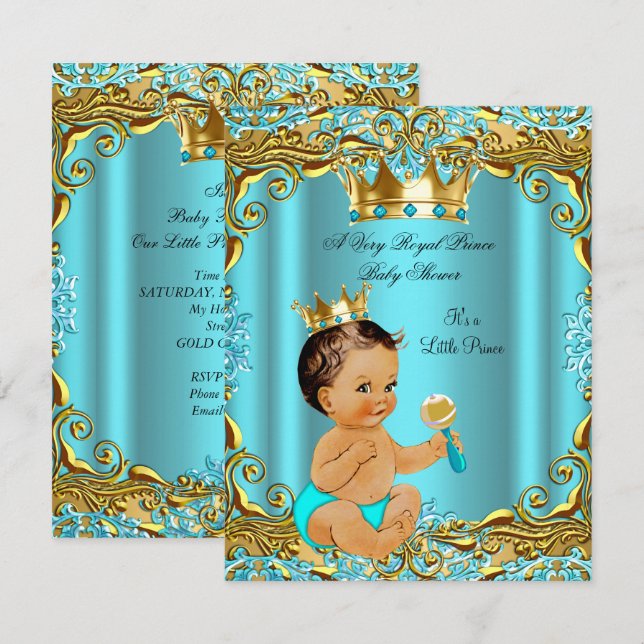 Baby Shower Prince Guld Teal Aqua Brunette Inbjudningar (Fram/baksida)