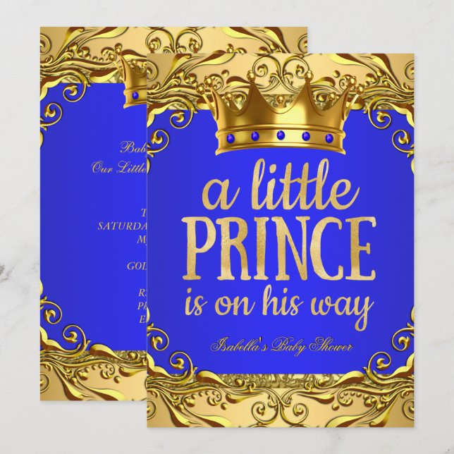 Baby Shower Prince på väg till Guld Royal Blue Inbjudningar (Fram/baksida)