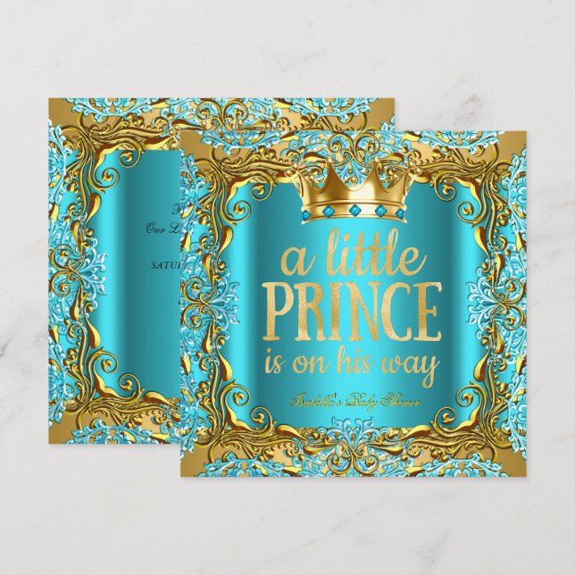 Baby Shower Prince på vägen mot Guld Teal Aqua Inbjudningar (Fram/baksida)