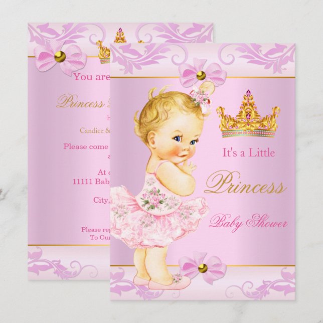 Baby Shower Princess Tiara Cute Girl Rosa Blonde Inbjudningar (Fram/baksida)