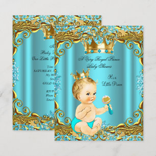 Baby Shower Prins Guld Teal Aqua Blond Pojke Inbjudningar