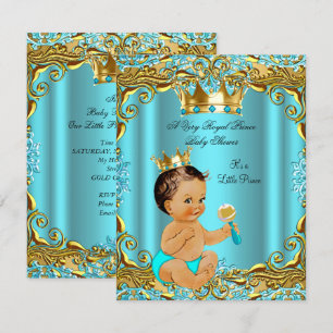 Baby Shower Prins Guld Teal Aqua Brunett Inbjudningar