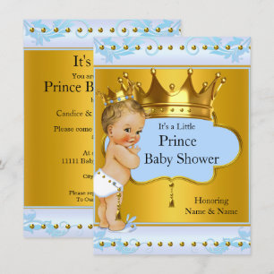 Baby Shower Prins Pojke Blå Guld Krona Blond Inbjudningar