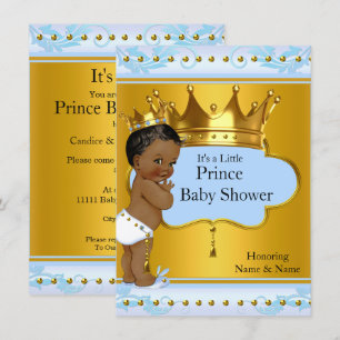 Baby Shower Prins Söt Pojke Blå Guld Krona Etnisk Inbjudningar