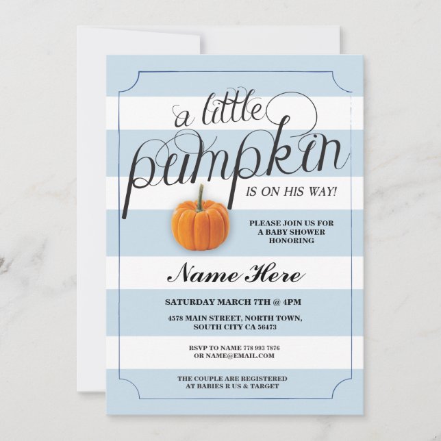 Baby Shower Pumpkin Blue Boy Rand Harvest Inbjudan (Framsida)