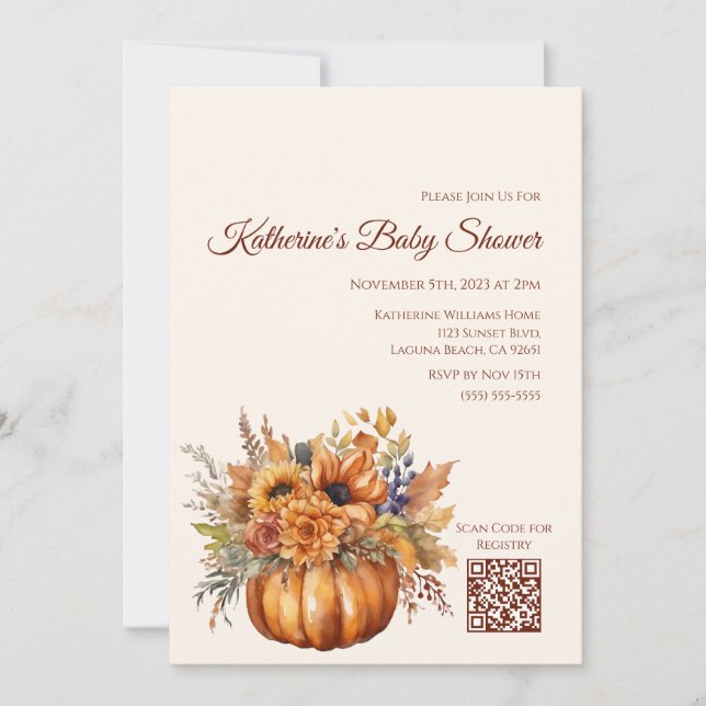 Baby Shower-Pumpkin med Flowers- Inbjudningar (Framsida)