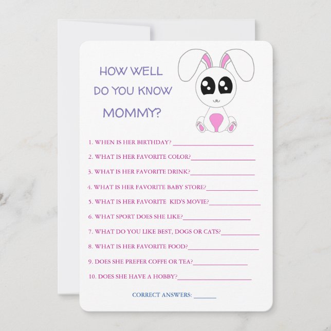 Baby Shower Rabbit, hur bra vet du Mamma? Inbjudningar (Framsida)