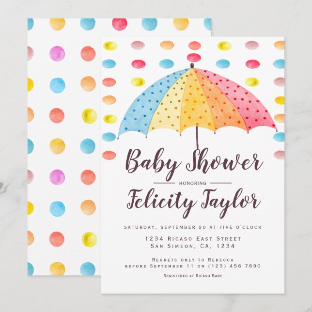 Baby Shower Rainbow Dots Umbrella Inbjudningar (Fram/baksida)