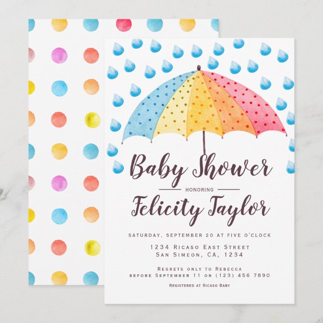 Baby Shower Rainbow Umbrella Inbjudningar (Fram/baksida)