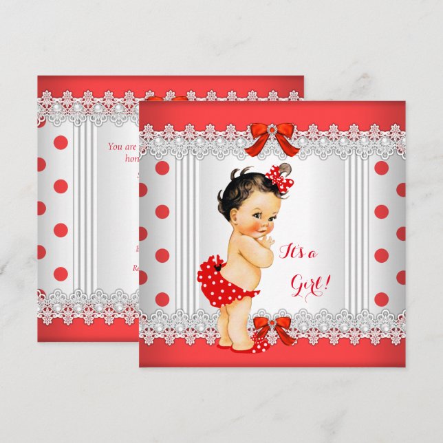 Baby Shower Red White Polka dots Brunette Inbjudningar (Fram/baksida)