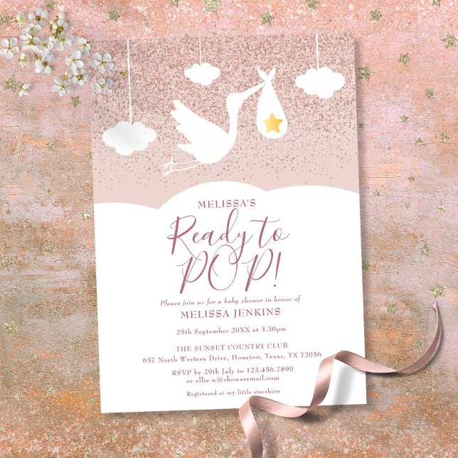 Baby Shower Redo att Spricka Stork Rosa Guld Glitt Inbjudningar (Baby Shower Ready to Pop Stork Rose Gold Glitter Invitation)