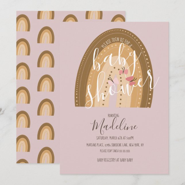 Baby Shower Regnbåge Fjärilar Boho Rosa Inbjudningar (Fram/baksida)
